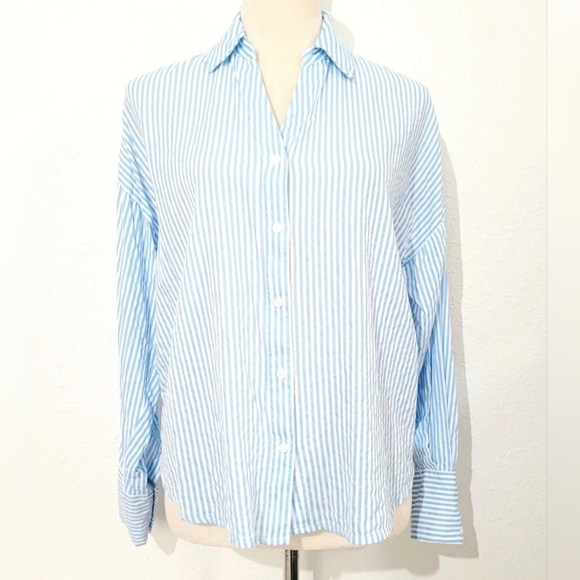 Vero Moda Woman's Oversize Size Small Button Up Shirt Blue White Stripe Blouse - Picture 2 of 14
